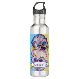 Pansy-Aquarellmuster auf Rosa und Blassgelb 7 Edelstahlflasche