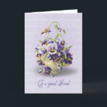 Pansy Birthday für Friend Karte<br><div class="desc">Pansy Bouquet in einem Korb auf Augenliduntergrund für Friend Geburtstag.</div>