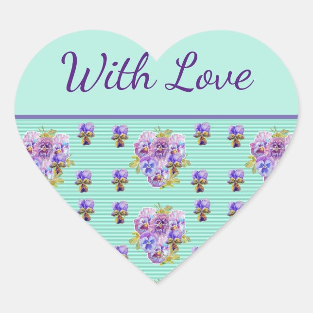 Pansy Blume Aqua Streifen Blumengrün mit Liebe Herz-Aufkleber (Vorderseite)