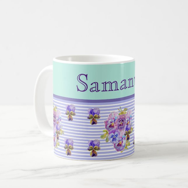 Pansy Blume Aqua Stripe Kunst, Dichtung und Musik Kaffeetasse (Vorderseite Links)