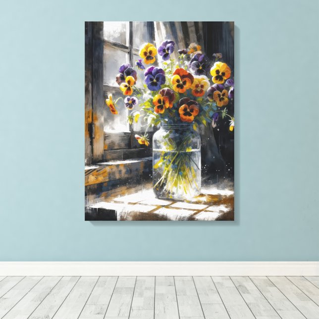 Pansy Bouquet in einem Fenster Impressionismus Leinwanddruck (Insitu (Holzboden))
