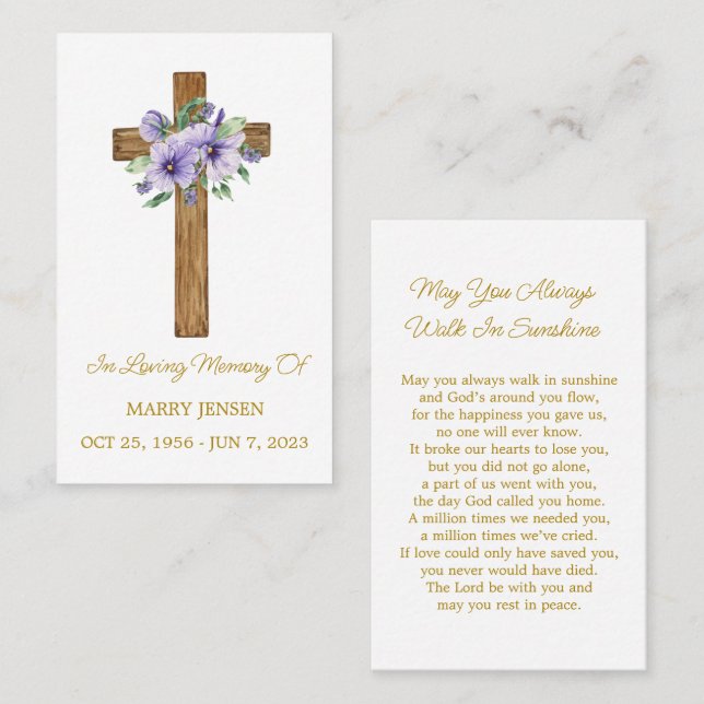 Pansy Cross Memorial Funeral Prayer Card Visitenkarte (Vorne/Hinten)