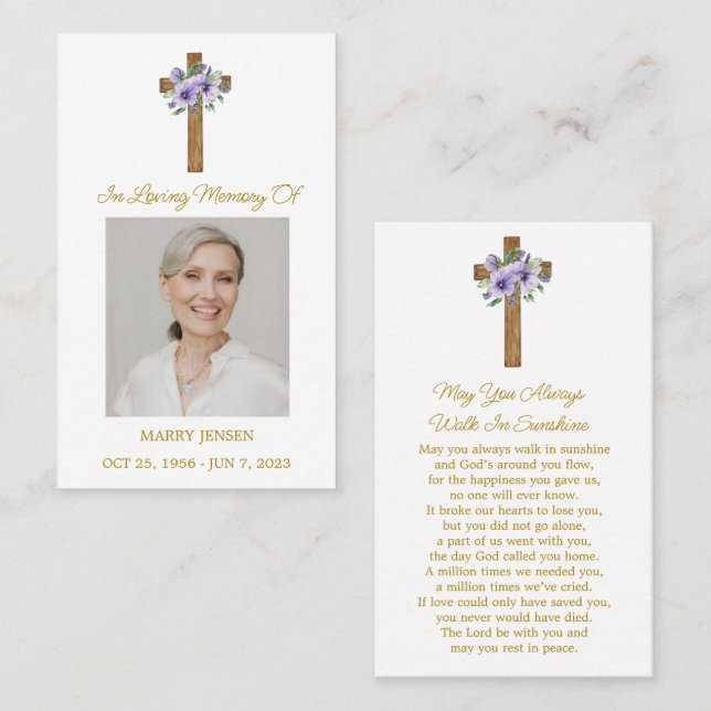 Pansy Cross Memorial Photo Funeral Prayer Card Visitenkarte (Vorne/Hinten)