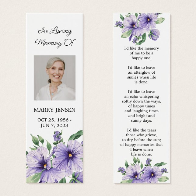 Pansy Floral Photo Funeral Memorial Bookmark (Vorne & Hinten)