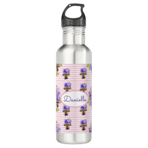 Pansy Floral Viola Vintage Frauen Rosa Streifen Edelstahlflasche