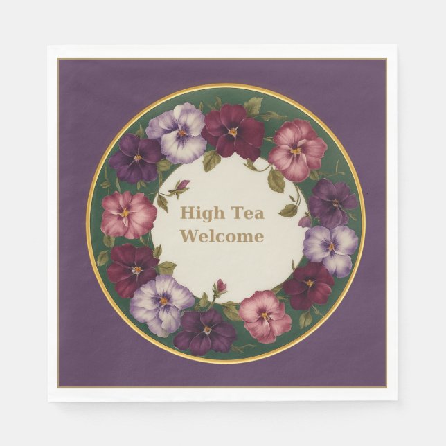 Pansy High Tea Napkins • Deep Plum & Gold Serviette (Vorderseite)
