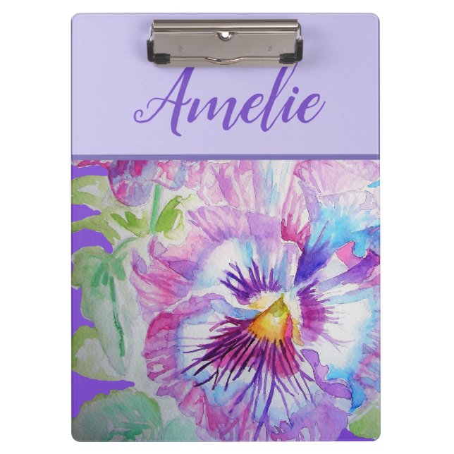 Pansy Lila Watercolor Hübsch Floral Blume Klemmbrett (Vorderseite)