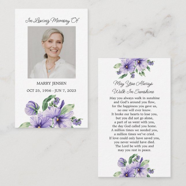 Pansy Memorial Photo Funeral Prayer Card Visitenkarte (Vorne/Hinten)