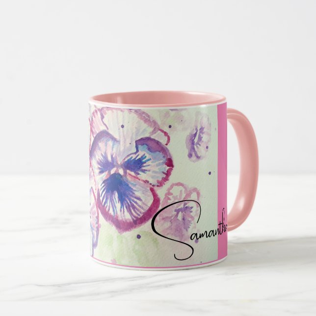 Pansy Stiefmütterchen Lila Aquarell Blume Blumenro Tasse (VorderseiteRechts)