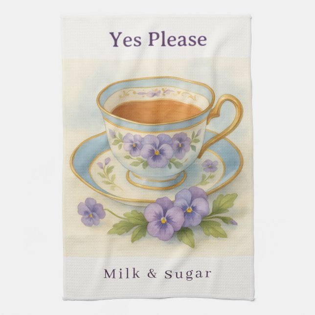 Pansy Teacup Tea Towel | Yes Please Milk & Sugar Geschirrtuch (Vertikal)