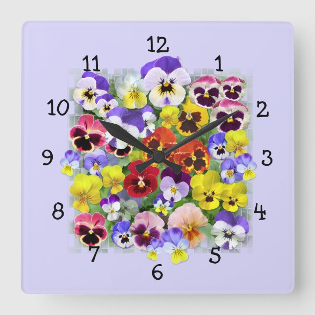 Pansy Time Quadratische Wanduhr (Vorderseite)