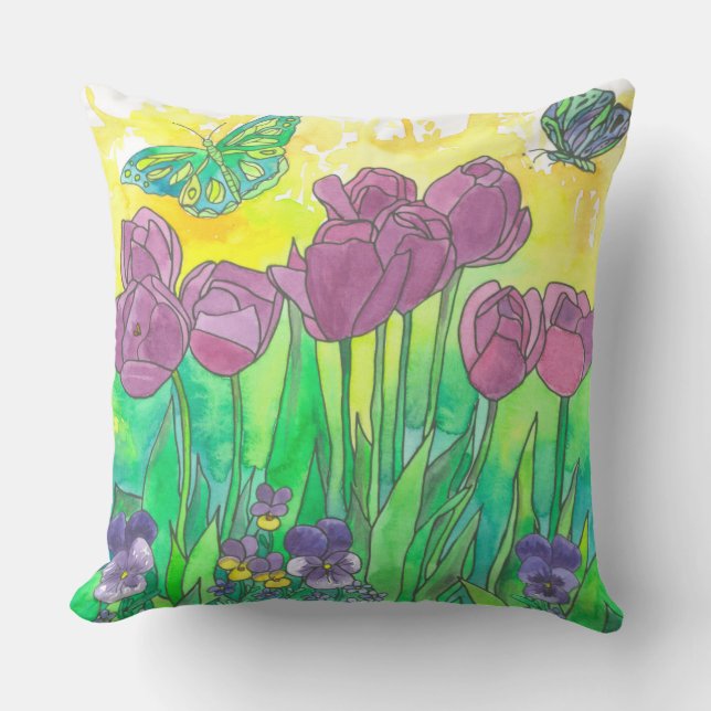 Pansy Tulip Lila Wasserfarben Blumengarten Kissen Für Draußen (Vorderseite)