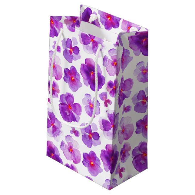Pansy viola lila weiße Aquarelltasche Kleine Geschenktüte (Rückseite Schrägansicht)