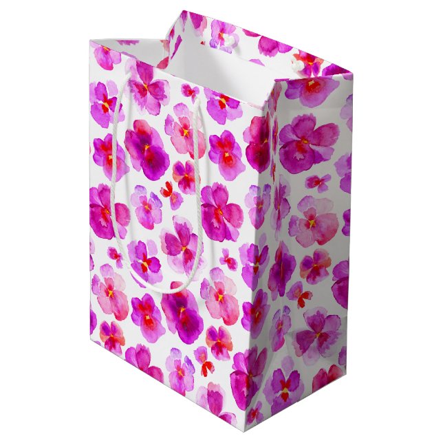 Pansy viola rosa Aquarelltasche Mittlere Geschenktüte (Rückseite Schrägansicht)