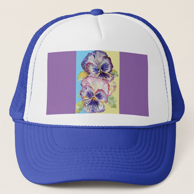 Pansy Wasserfarbmuster auf rosa und blassgelb Truckerkappe (Vorderseite)