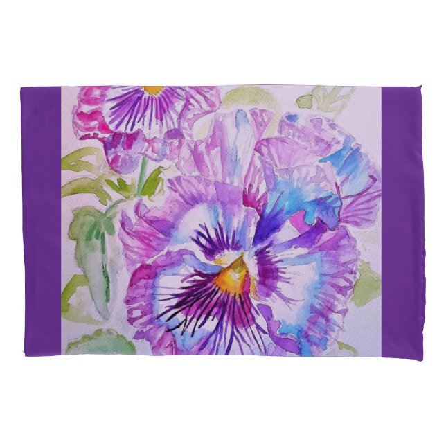 Pansy Watercolor-Muster auf Lila blauen Stiefmütte Kissenbezug (Vorderseite)