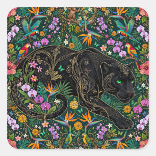 Panther auf Beutefang Surrealer Dschungel Quadratischer Aufkleber