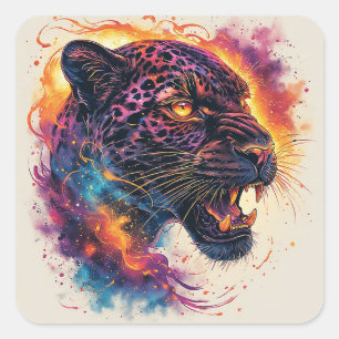 Panther-Porträt mit abstrakten feurigen Elementen Quadratischer Aufkleber