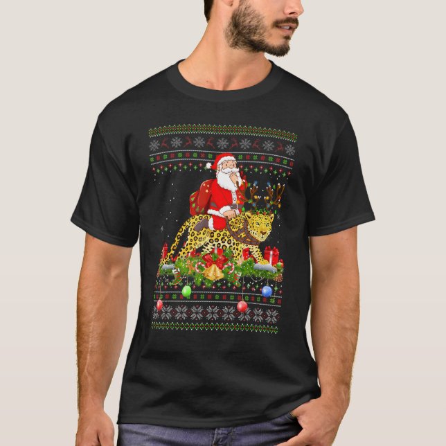 Panther   Ugly Santa Riding Panther Christmas T-Shirt (Vorderseite)