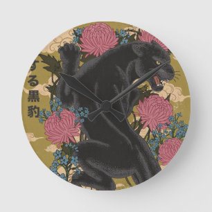 Panther unter den Blumen Runde Wanduhr