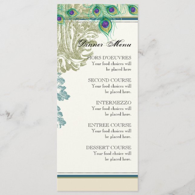 Paon vintage, plumes, carte de menu de dîner (Devant)