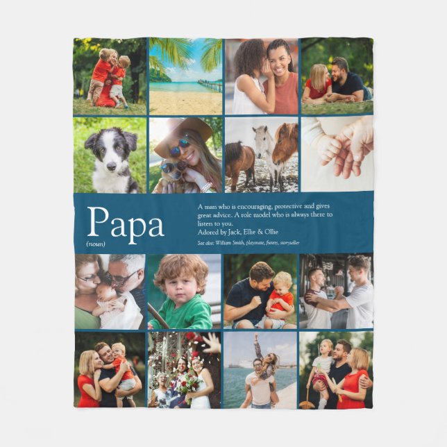 Papa Definition Quote Photo Collage Blue Fleecedecke (Vorderseite)