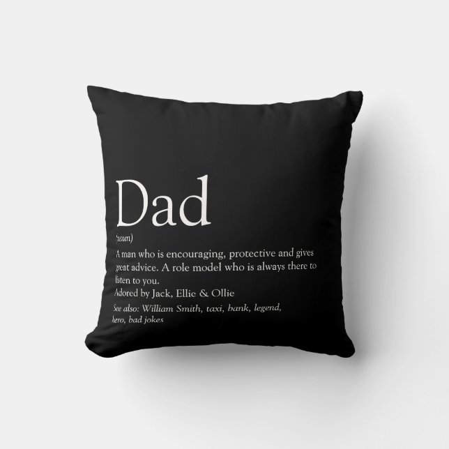 Papa Father Definition des modernen Vaters Schwarz Kissen (Vorderseite)