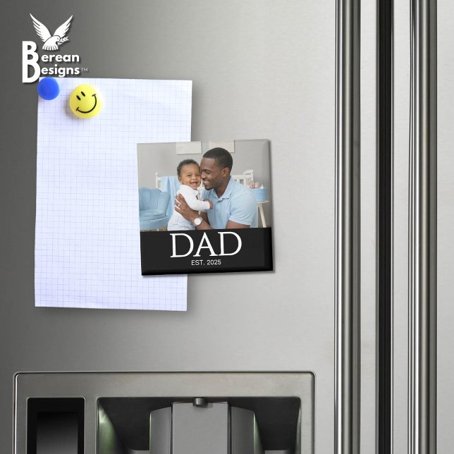 Papa Geschenk-Fotomagnet Magnet (DAD ESTABLISHED black magnet with customizable photo and year. Ideal gift for Father's Day. )