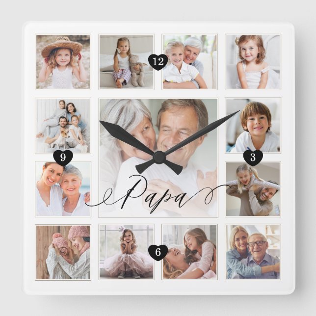 Papa Script Family Memory Photo Grid Collage Quadratische Wanduhr (Vorderseite)