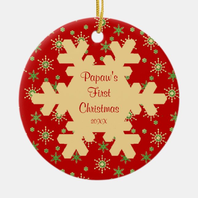 Papaas erstes Weihnachts-Rotes Schneeflocken-Ornam Keramik Ornament (Vorne)