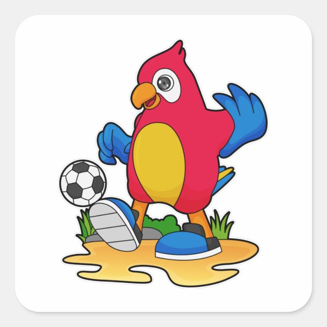 Papagei als Fußballspieler mit Fußball Quadratischer Aufkleber (Vorderseite)