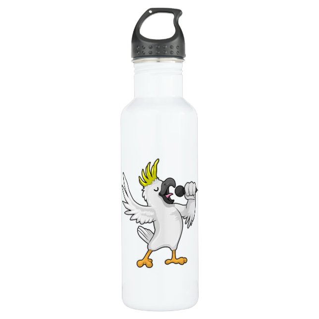 Papagei als Sänger mit Mikrofon Edelstahlflasche (Vorderseite)