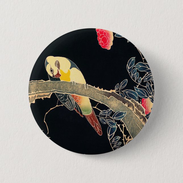 Papagei am Rande einer blühenden Rose Bush Button (Vorderseite)