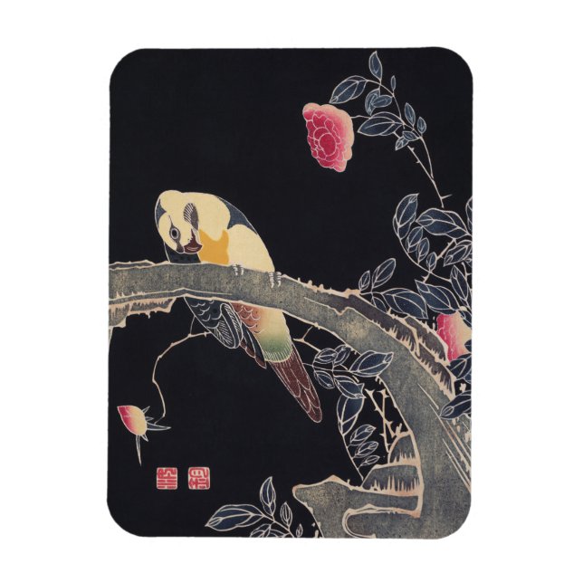 Papagei am Zweig, blühende Rose Bush, Jakuchū Magnet (Vertikal)