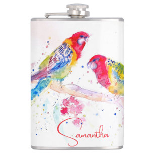 Papagei Art Aquarellmalerei Rot Blau Farbenfroh Flachmann