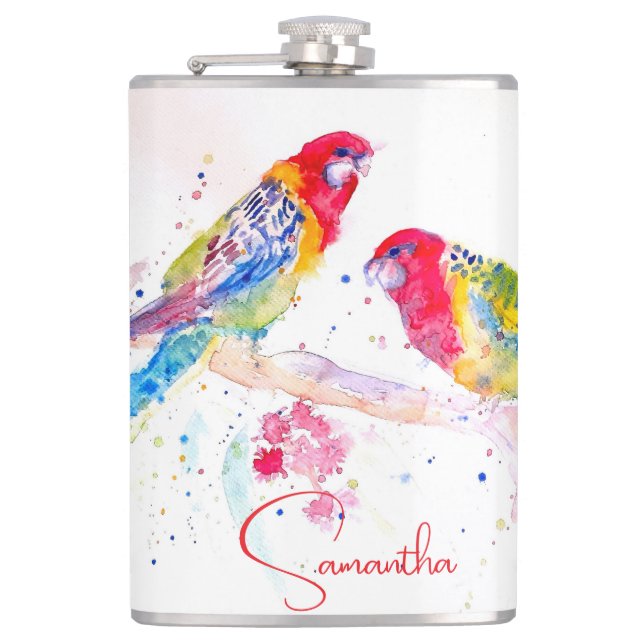 Papagei Art Aquarellmalerei Rot Blau Farbenfroh Flachmann (Vorderseite)