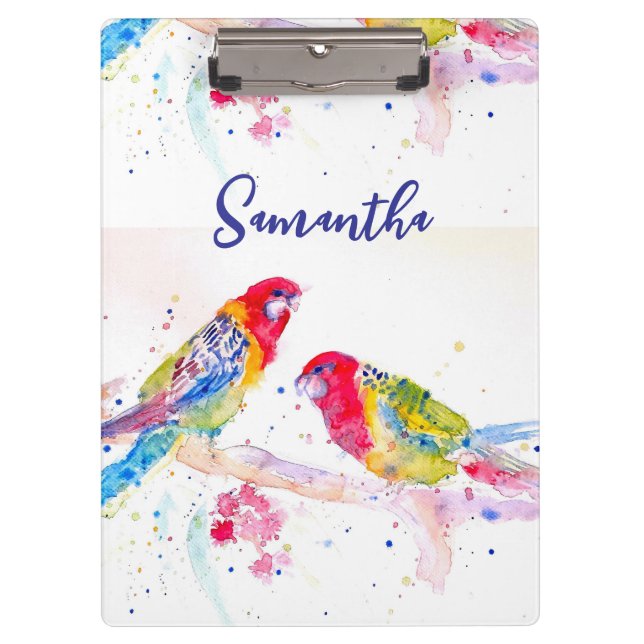 Papagei Art Aquarellmalerei Rot Blau Farbenfroh Klemmbrett (Vorderseite)