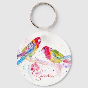 Papagei Art Aquarellmalerei Rot Blau Farbenfroh Schlüsselanhänger