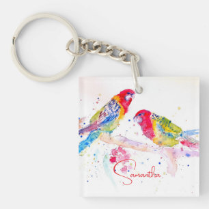 Papagei Art Aquarellmalerei Rot Blau Farbenfroh Schlüsselanhänger