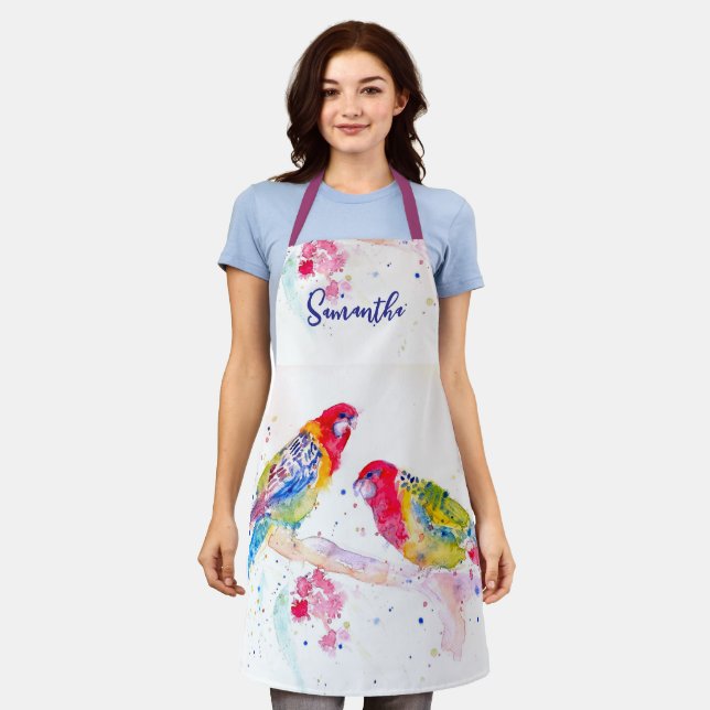 Papagei Art Aquarellmalerei Rot Blau Farbenfroh Schürze (Getragen)