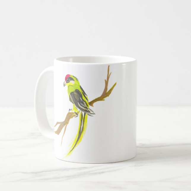 Papagei auf einem Zweig. Aquarellmalerei Kaffeetasse (Vorderseite Links)