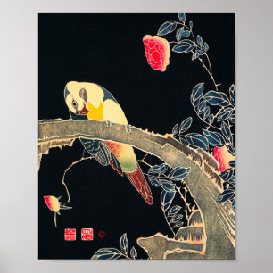 Papagei auf Rose Bush Vintag Bird Japanisch Woodbl Poster