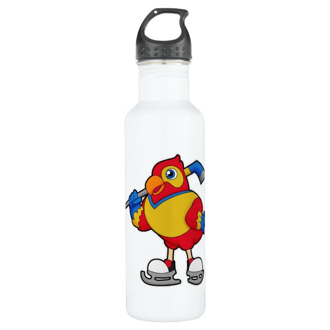 Papagei beim Eishockey mit Eishockeystick Edelstahlflasche (Vorderseite)