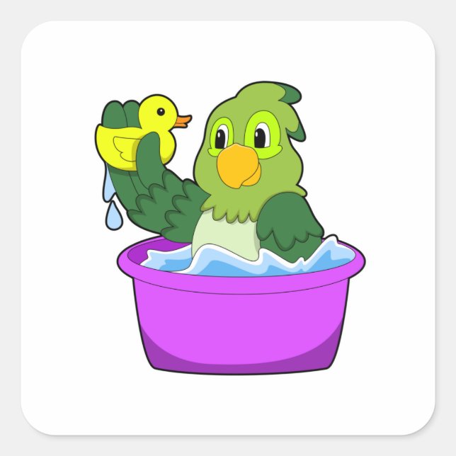 Papagei in der Badewanne mit Duck Quadratischer Aufkleber (Vorderseite)