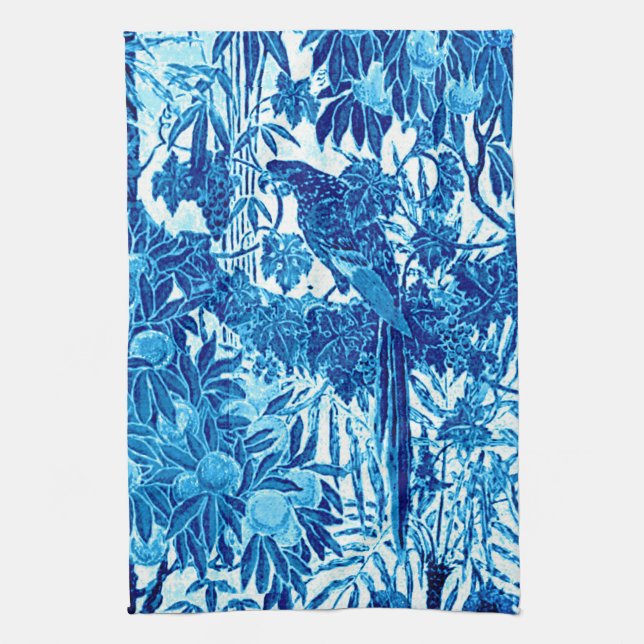 Papagei in Jungle-Umgebung, Indigoblau und Weiß Geschirrtuch (Vertikal)