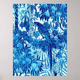 Papagei in Jungle-Umgebung, Indigoblau und Weiß Poster