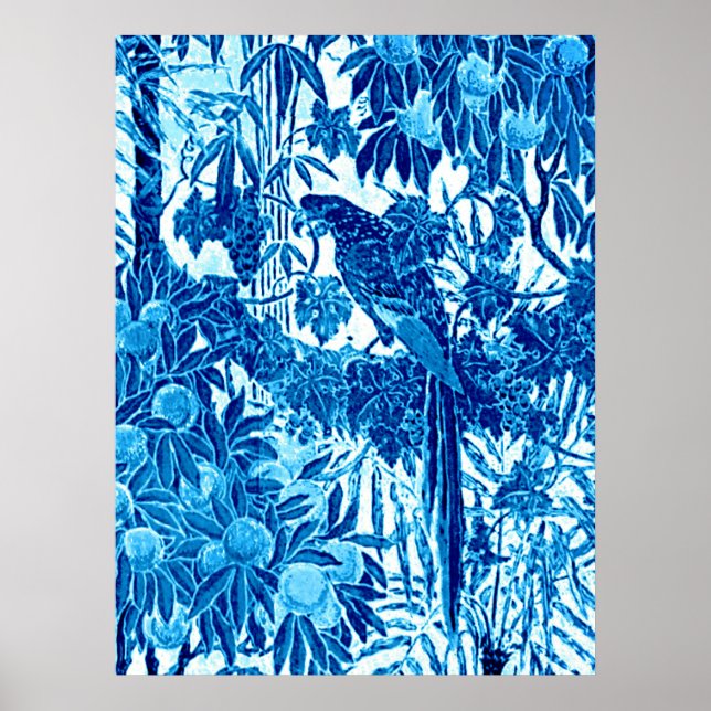 Papagei in Jungle-Umgebung, Indigoblau und Weiß Poster (Vorne)