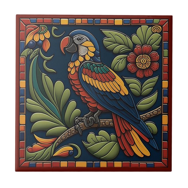 Papagei-Keramik im mexikanischen Huichol-Stil 4/12 Fliese (Vorderseite)
