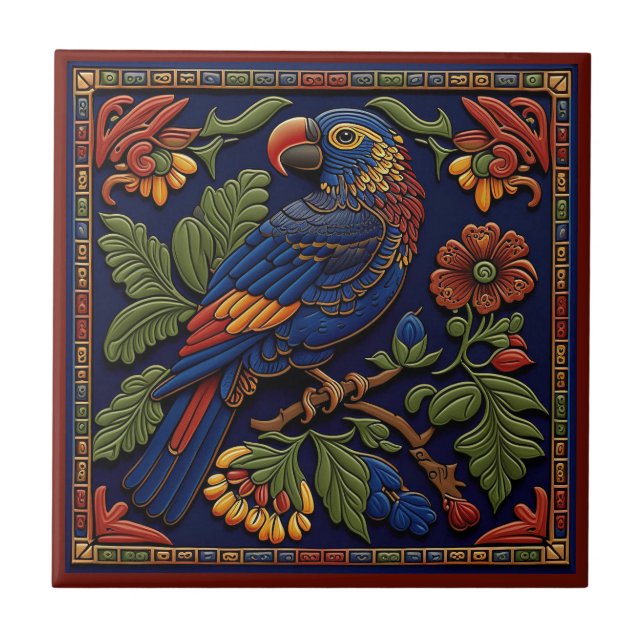 Papagei-Keramik im mexikanischen Huichol-Stil 5/12 Fliese (Vorderseite)