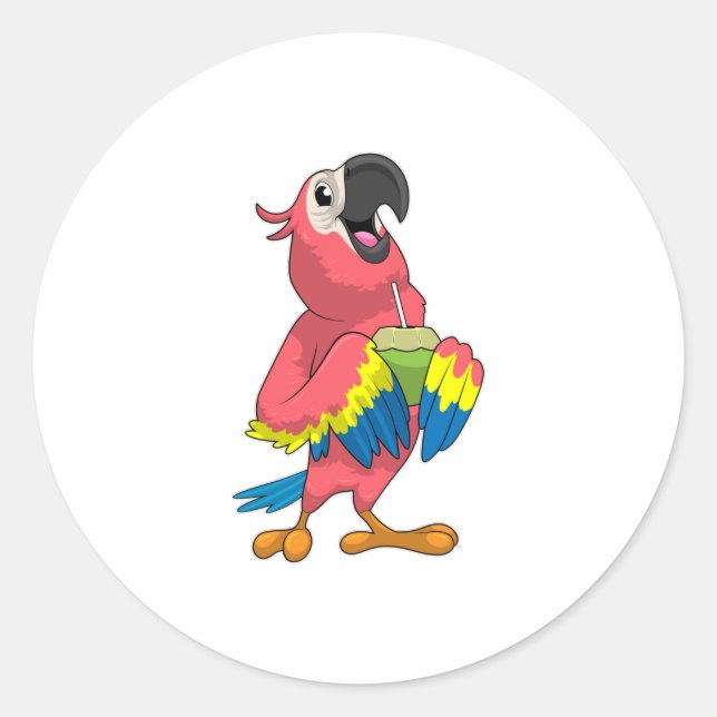 Papagei & Kokosnuss mit Trinkstroh Runder Aufkleber (Vorderseite)